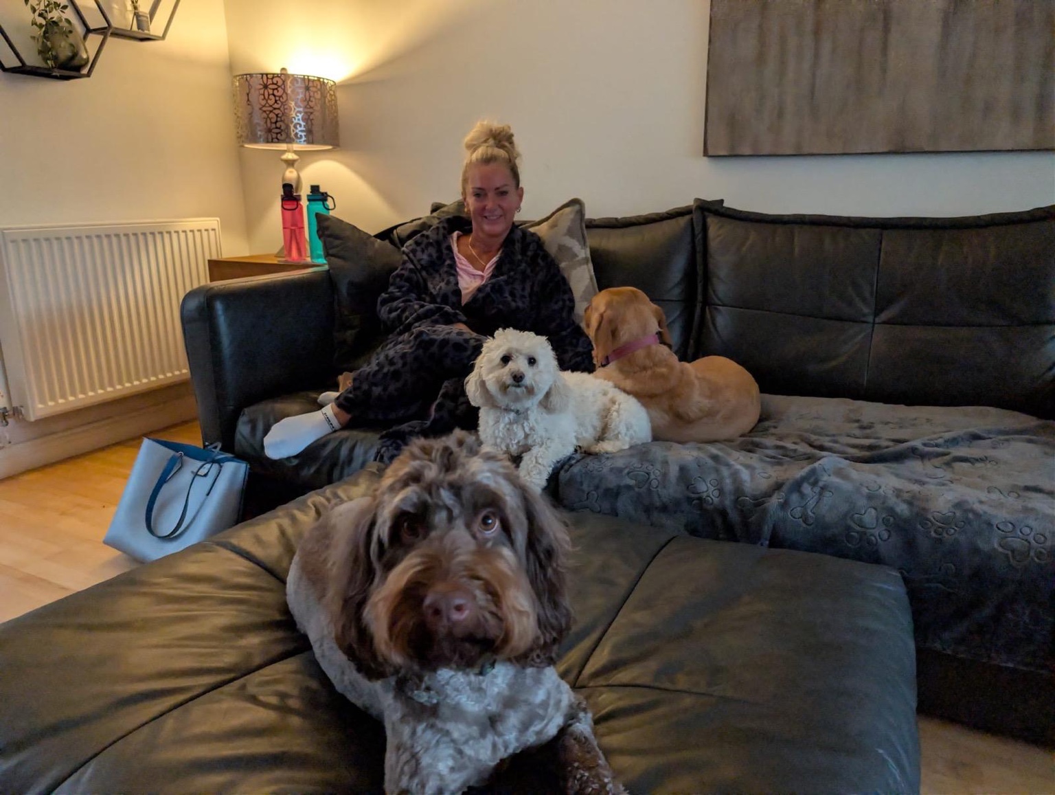 Sue relaxing at home with Pawsome guests